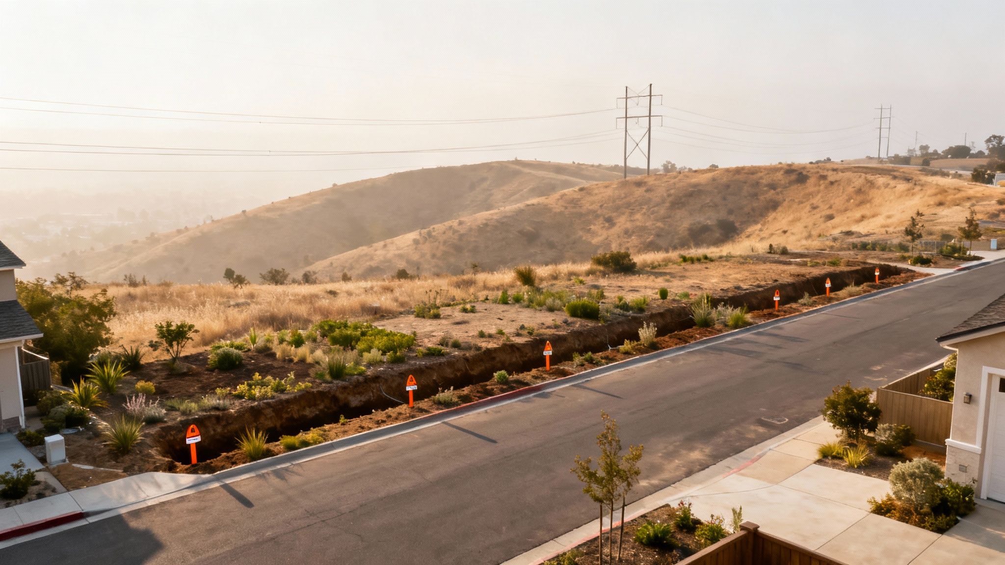 Why California Is Burying More Utility Lines A Wildfire Prevention Trend 2 A trench being dug alongside a suburban street for burying utility lines, with dry hills and power lines in the distance.