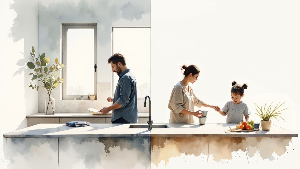 A luxurious, bright kitchen with a large stone island countertop, light wood cabinets, and modern pendant lights.