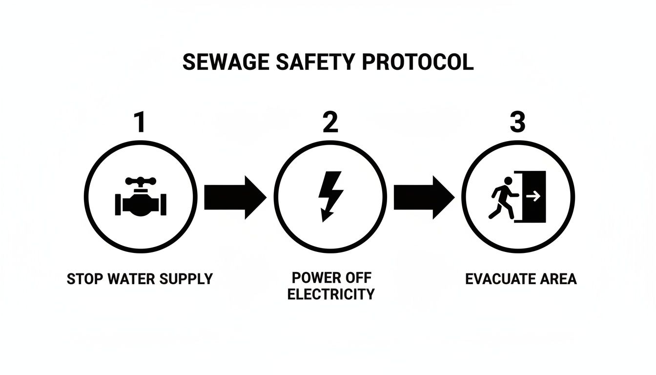A three-step sewage safety protocol displaying icons for stopping water, turning off electricity, and evacuating.