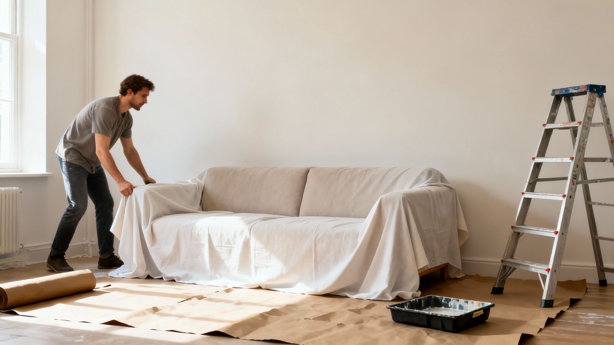 A man covers a sofa with a white sheet, preparing a room for painting with drop cloths and a ladder.