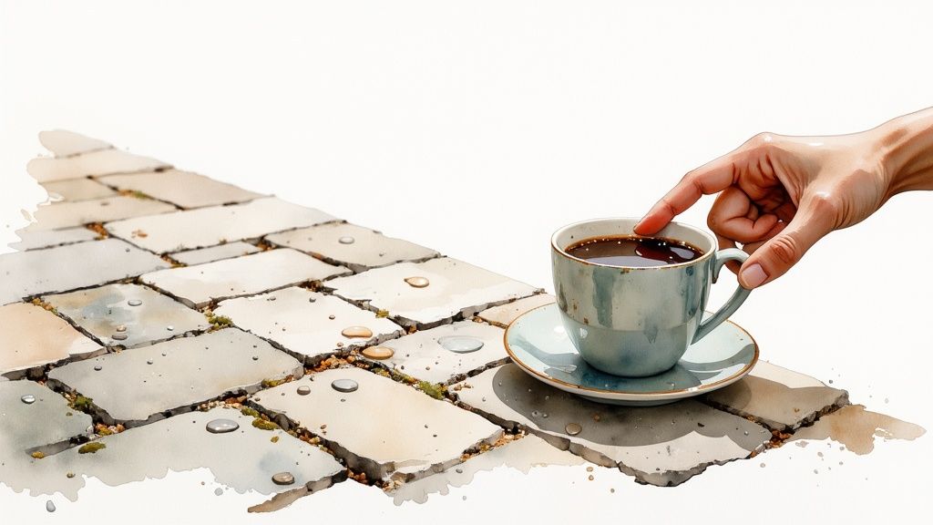 A hand gently touches a coffee cup on a textured stone path with water droplets and moss.