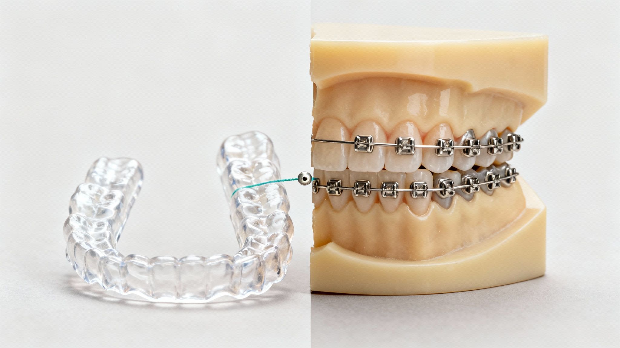 A clear dental aligner and a dental model with metal braces, connected by an elastic.