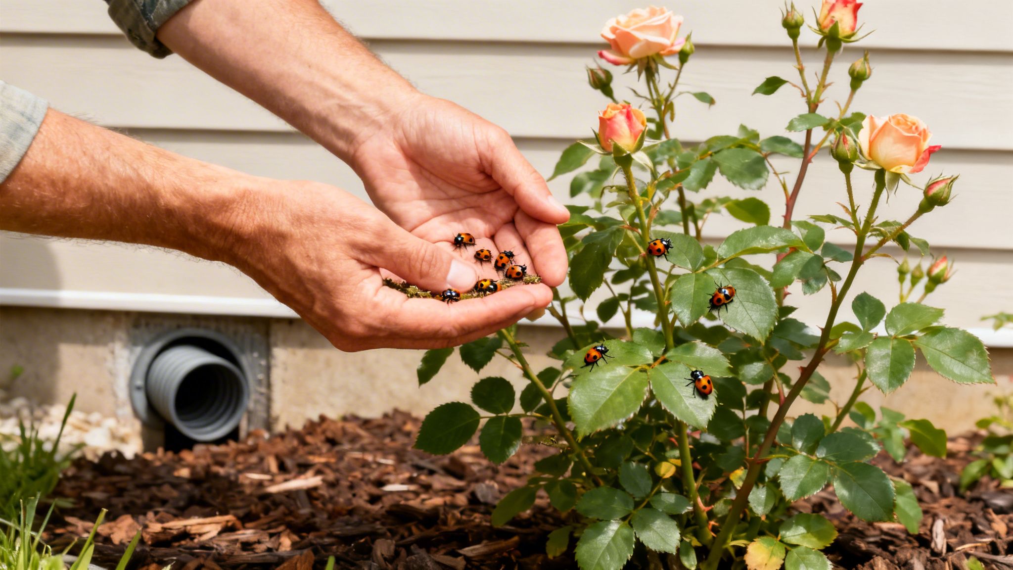 A person's hands release ladybugs onto a rose bush with many pink buds and flowers, showing natural pest control.