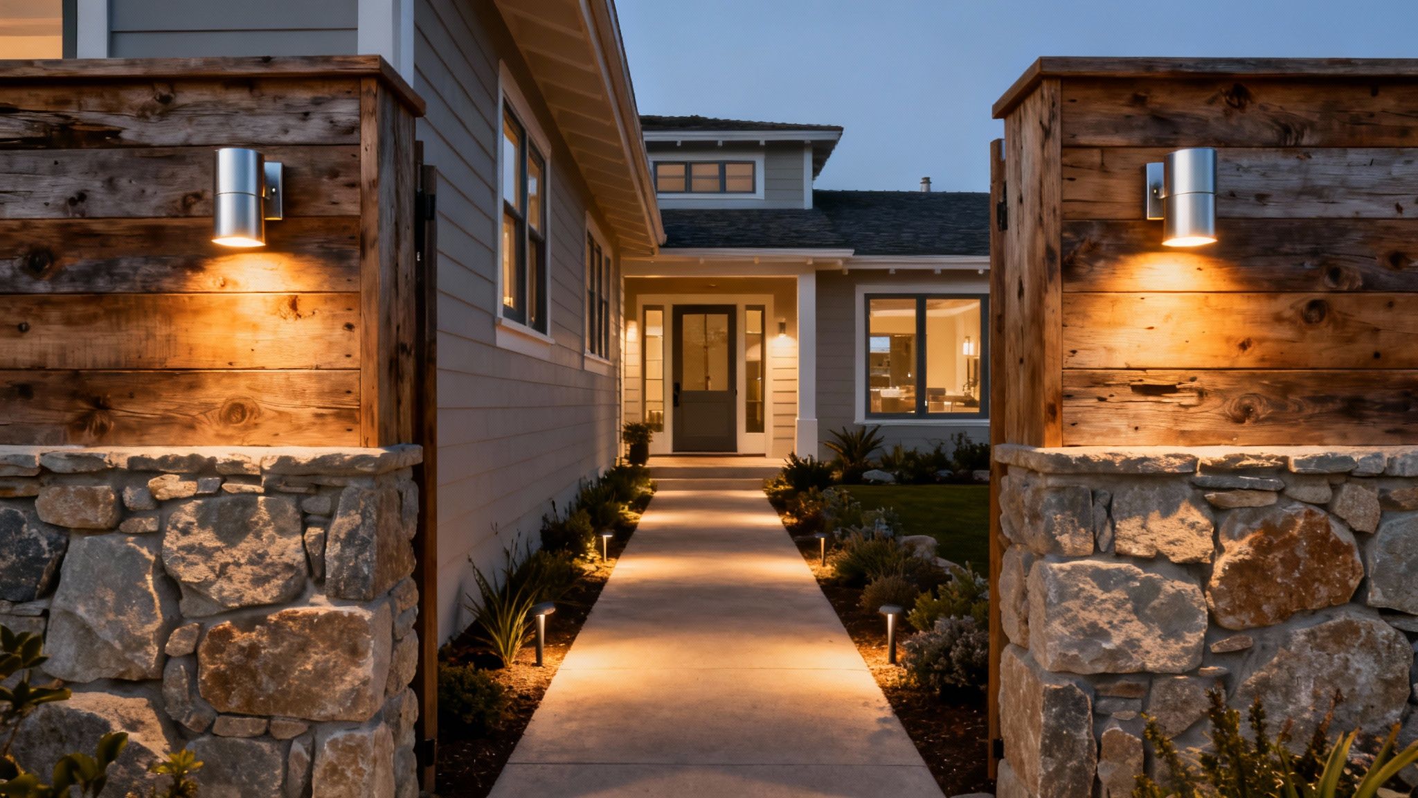 A beautiful coastal home at dusk with durable, stylish outdoor lighting fixtures illuminating the exterior.
