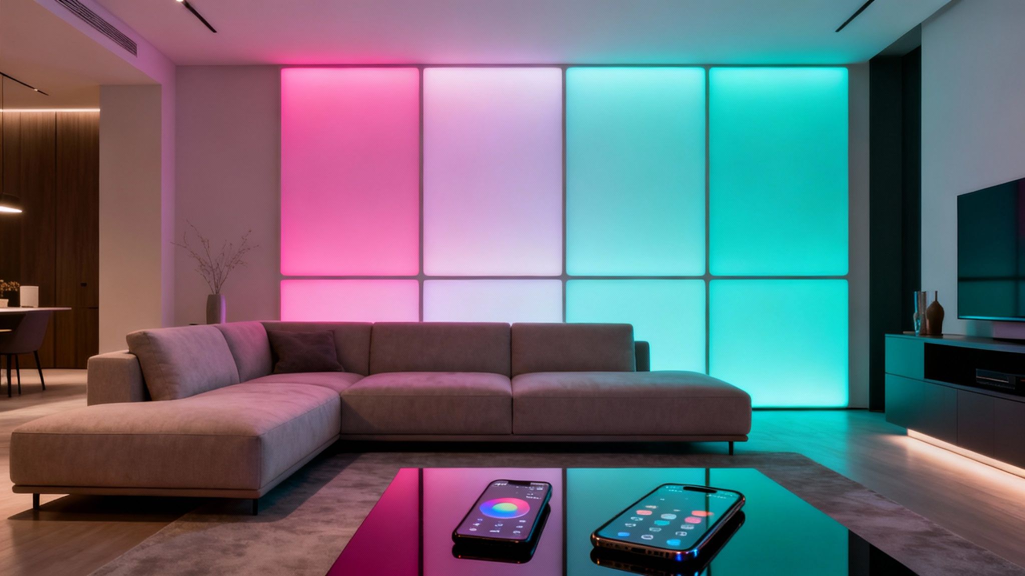 A modern living room featuring an L-shaped sofa, a coffee table with smart control phones, and a multi-colored LED wall panel.