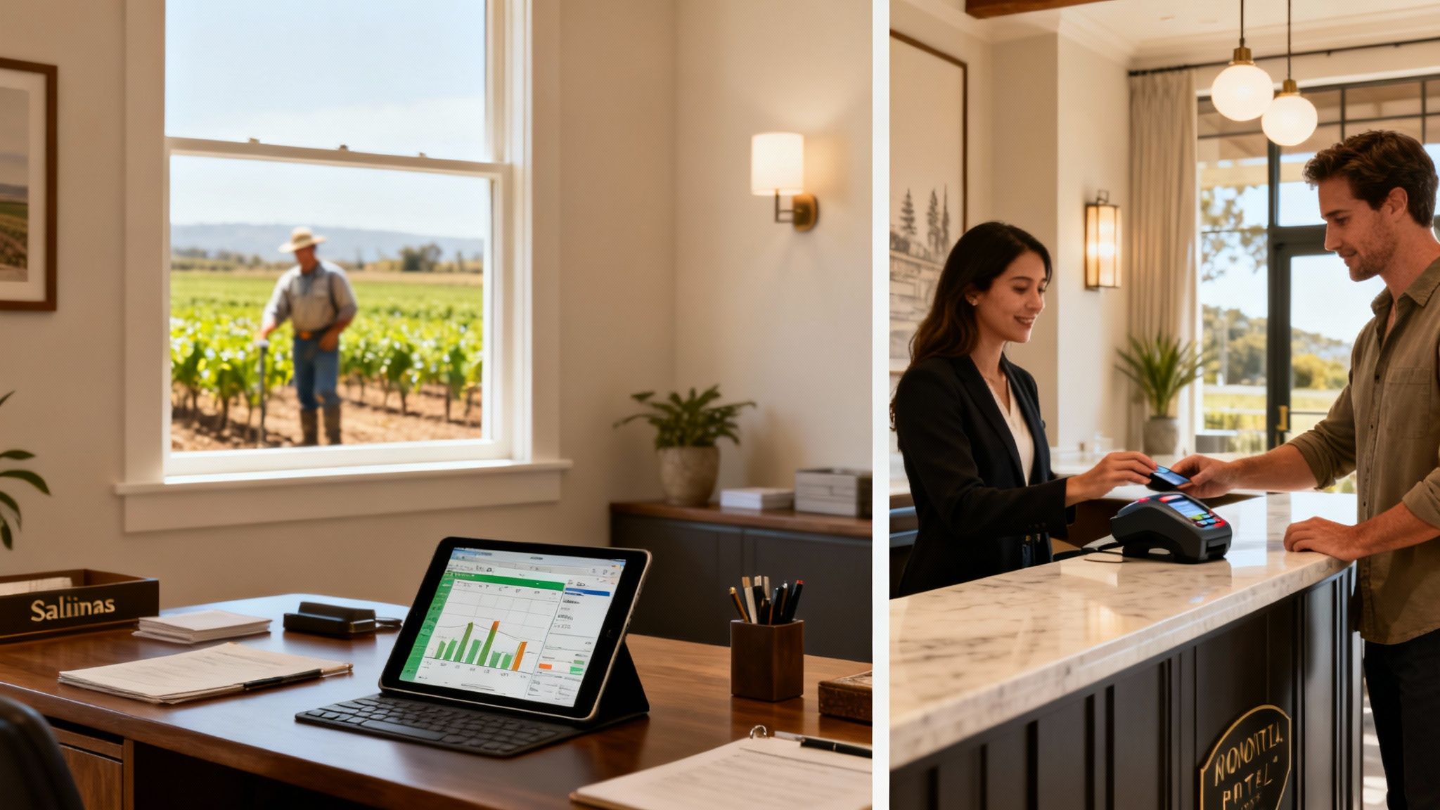 A split image of vineyard operations and hotel reception processing a customer payment.