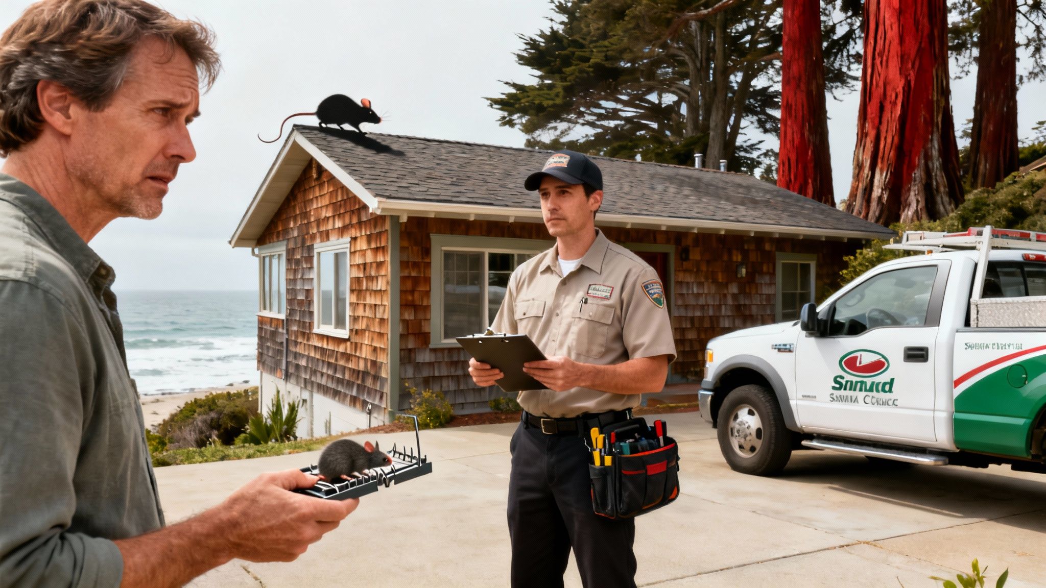 A homeowner discusses a rat problem with a pest control professional outside a house near the ocean.