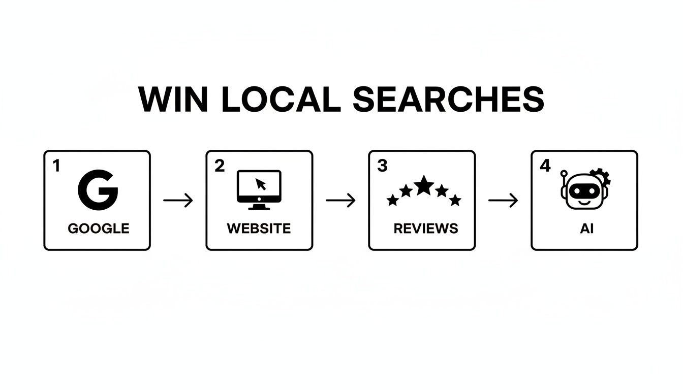 A flowchart illustrates four steps to win local searches: Google, Website, Reviews, and AI.