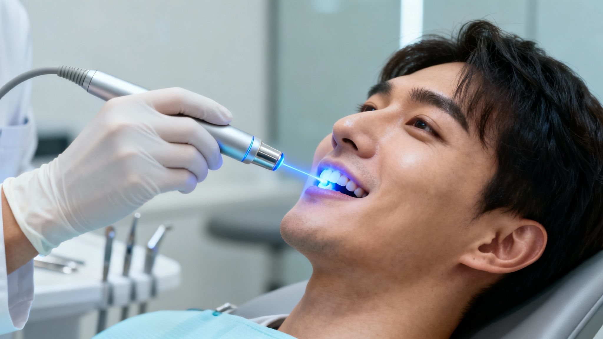 A young man receives dental treatment, with a bright blue light being applied to his teeth by a gloved hand.