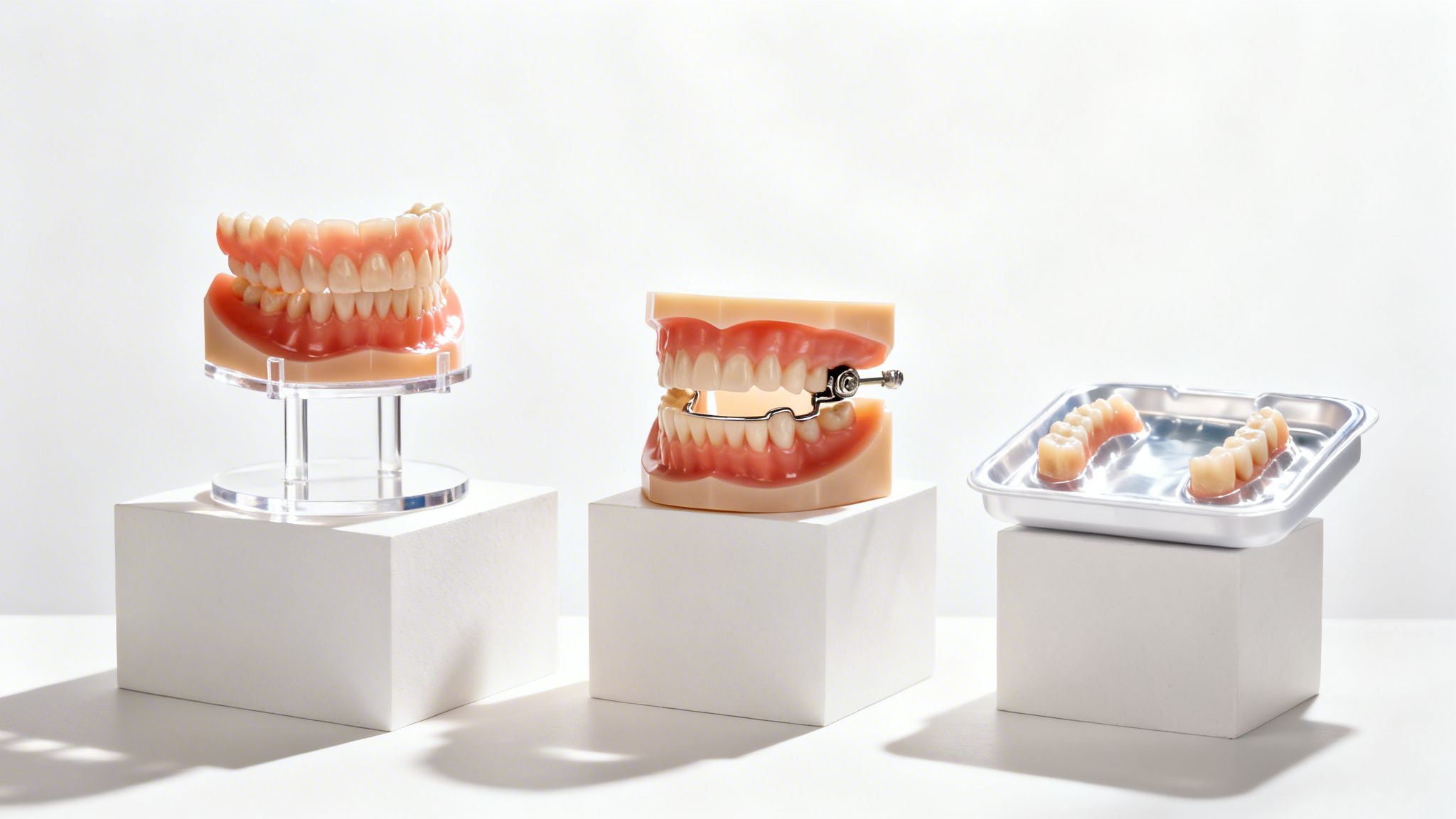 Three dental models, including full and partial dentures, displayed on white pedestals.