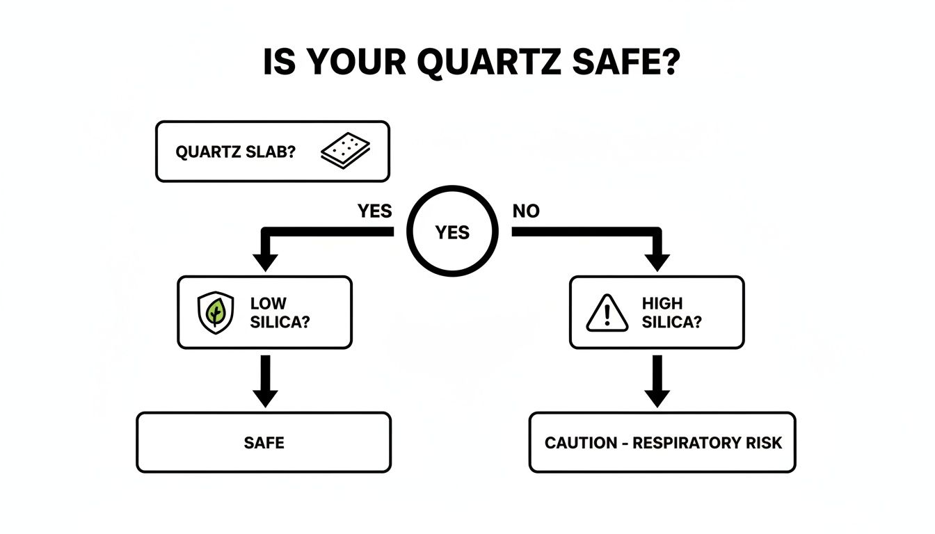 Flowchart explaining quartz safety, identifying low silica as safe and high silica as a respiratory risk.