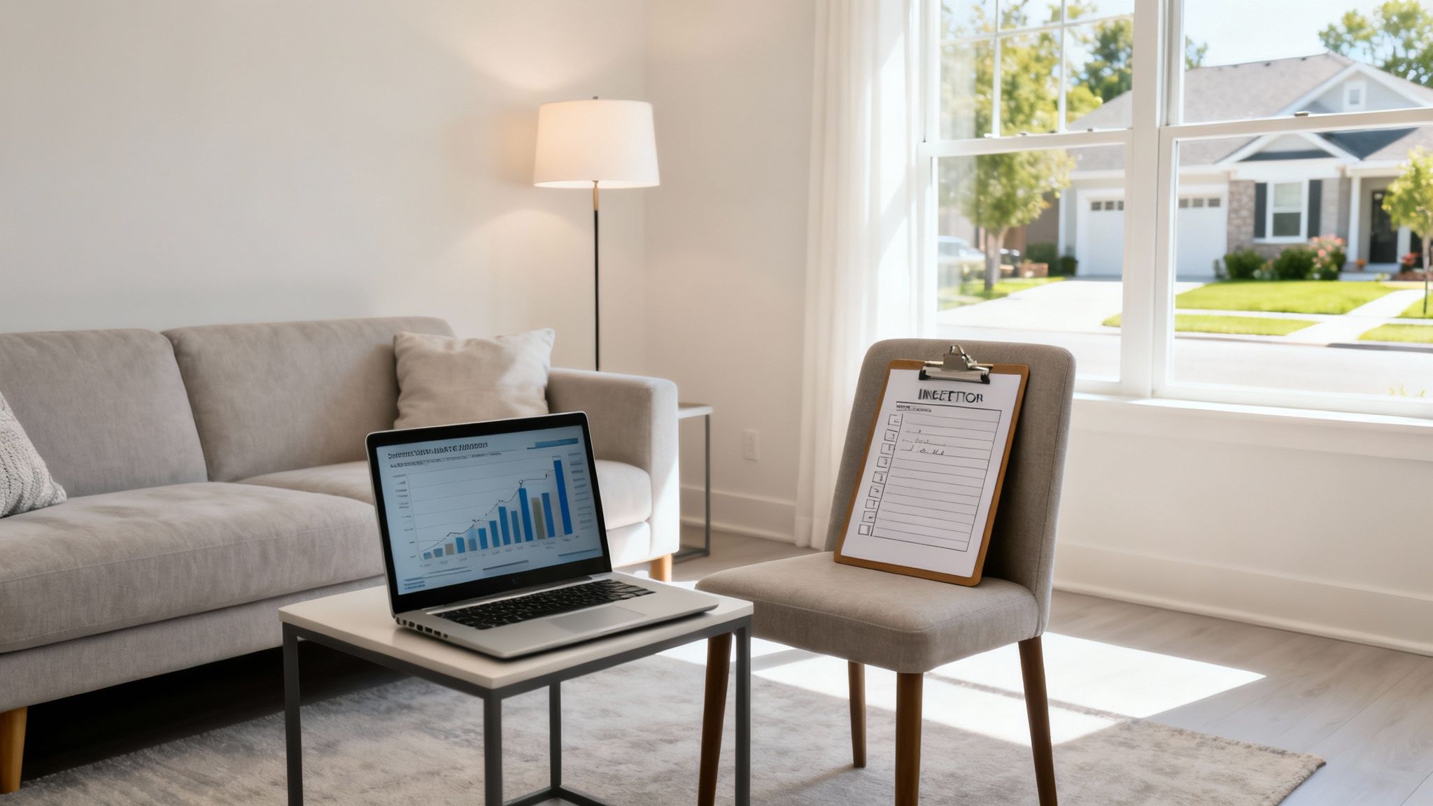 A bright living room scene with a laptop showing a bar chart, a sofa, and a clipboard for home inspection.
