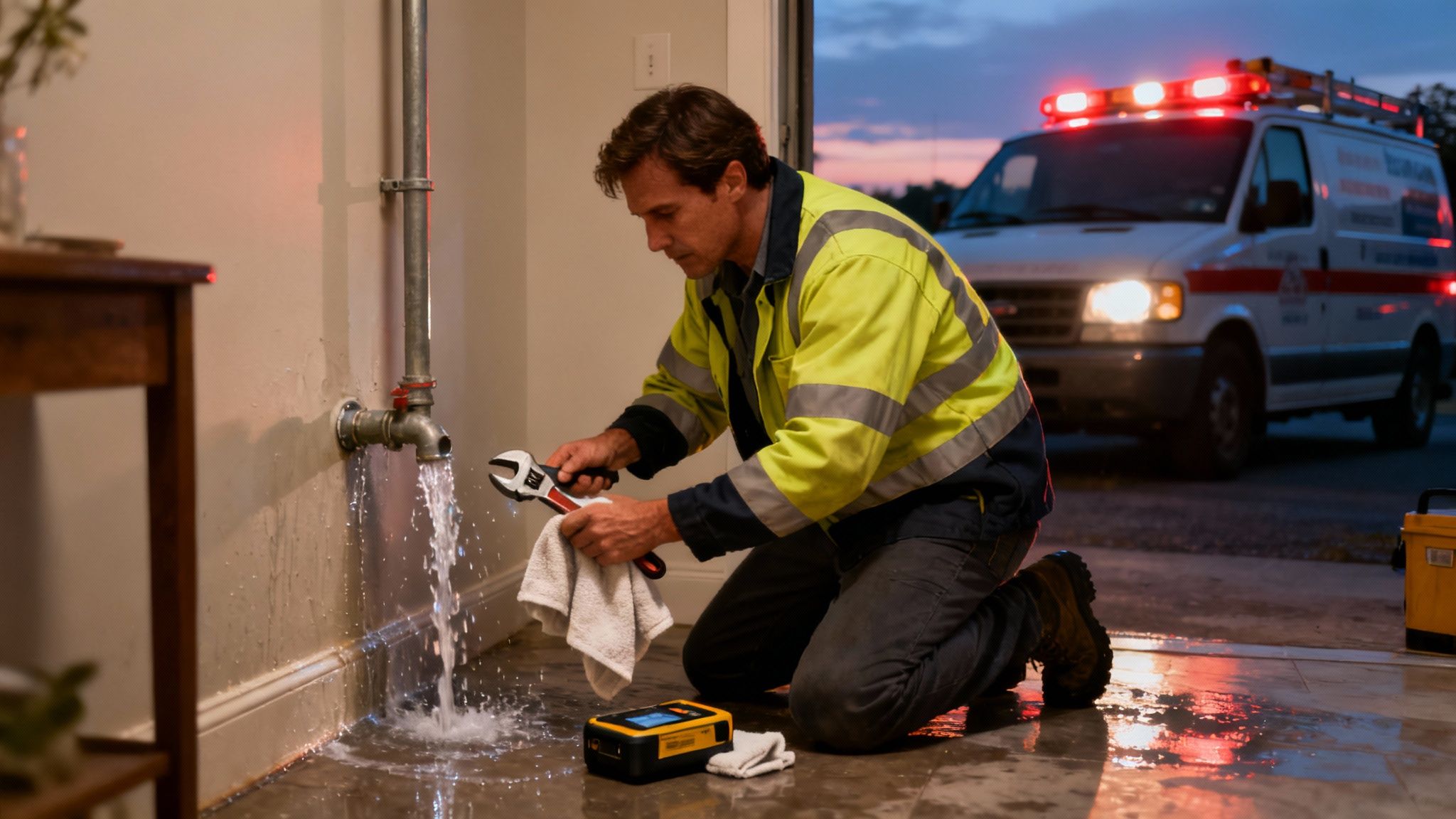 Emergency plumber in safety vest repairing burst pipe with water leak in Monterey home