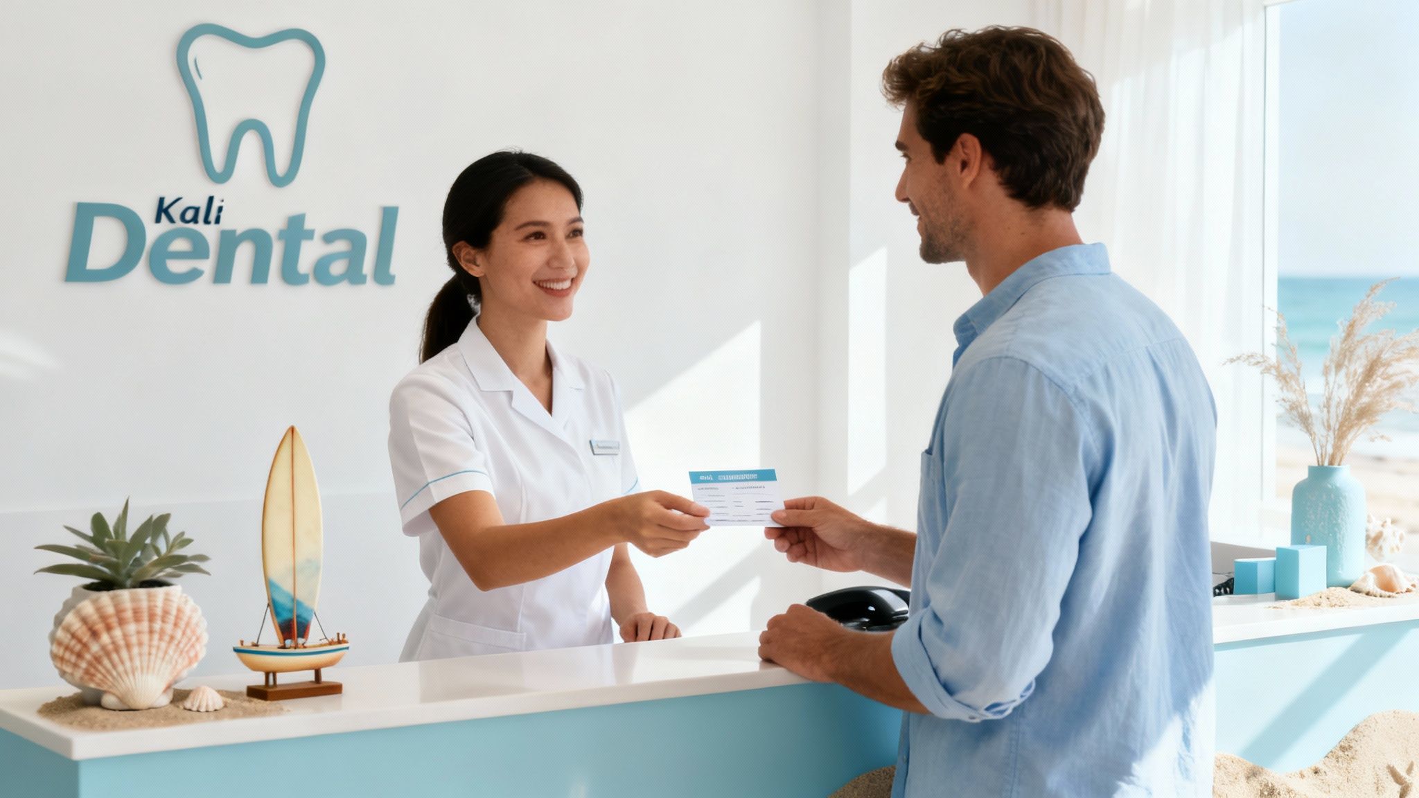 Dental receptionist handing patient registration form to male patient at Kali Dental clinic front desk