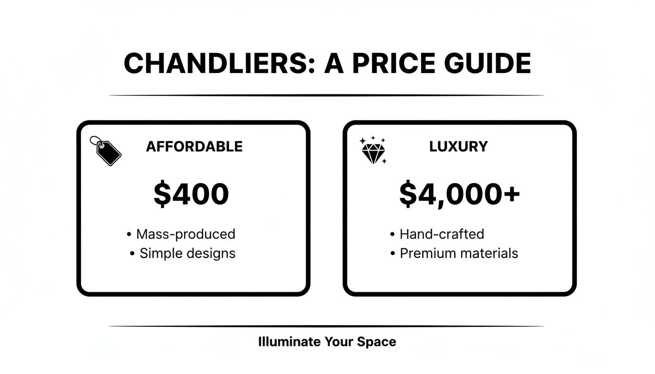 A chandelier price guide contrasting affordable ($400) with luxury ($4,000+) options, detailing their features.