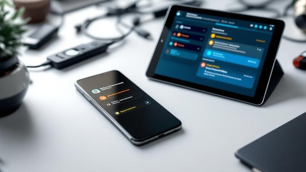 A business professional smiling while working efficiently on a laptop, symbolizing improved productivity thanks to remote IT support.