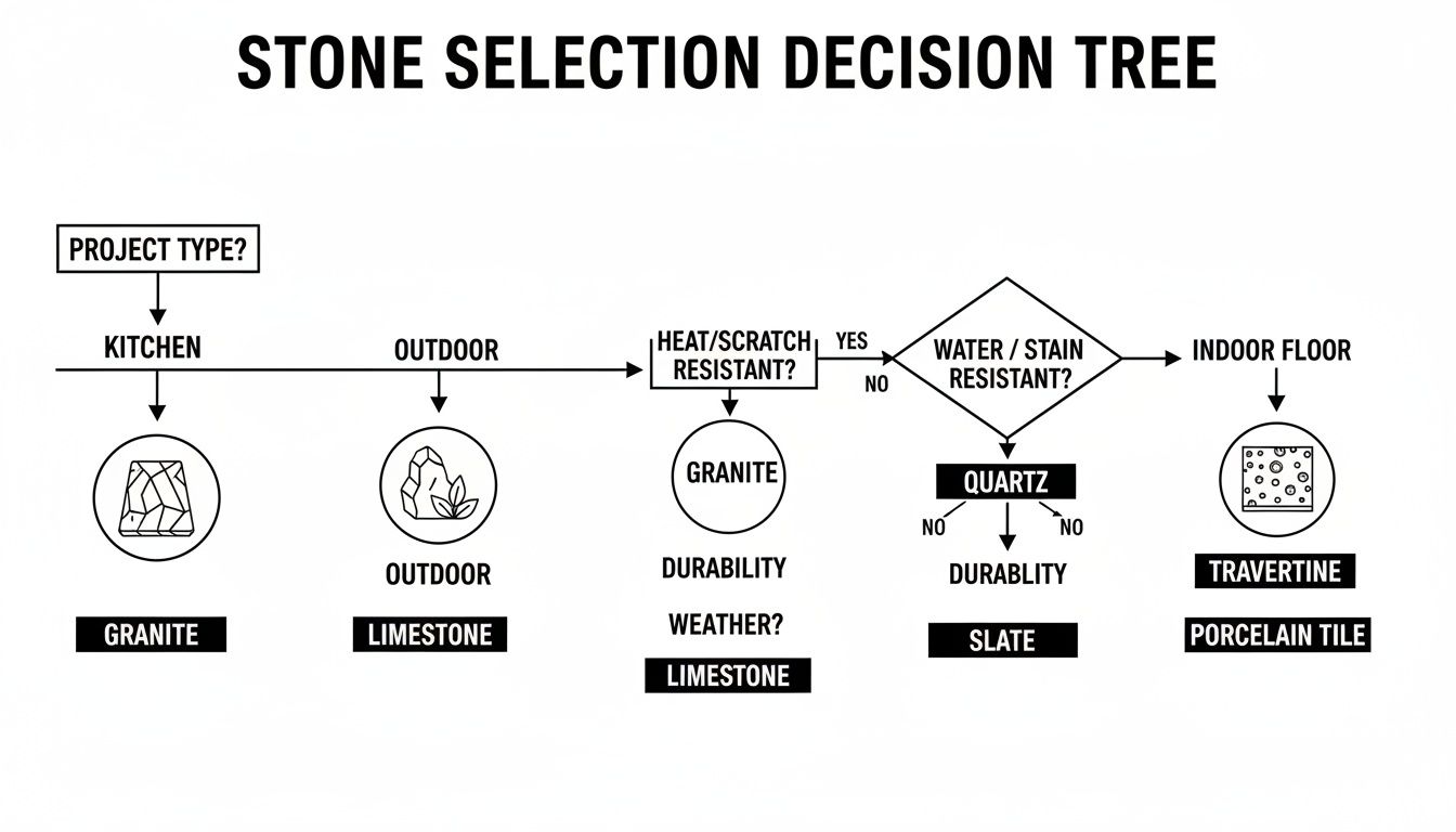 Flowchart for selecting stone types based on project needs and material properties.