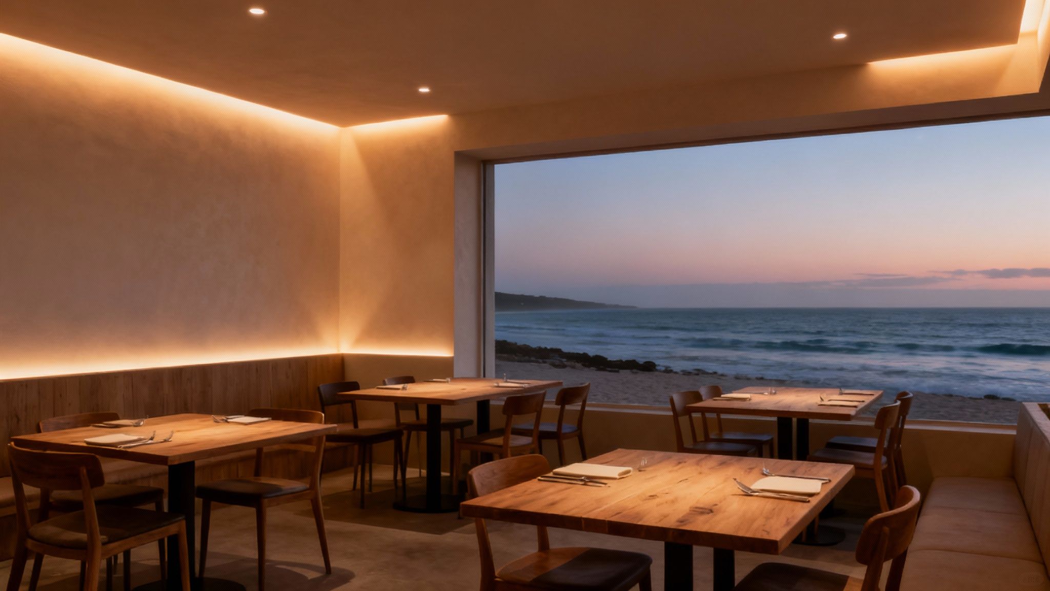 A cozy restaurant interior featuring warm ambient lighting, wooden tables, and an ocean sunset view.