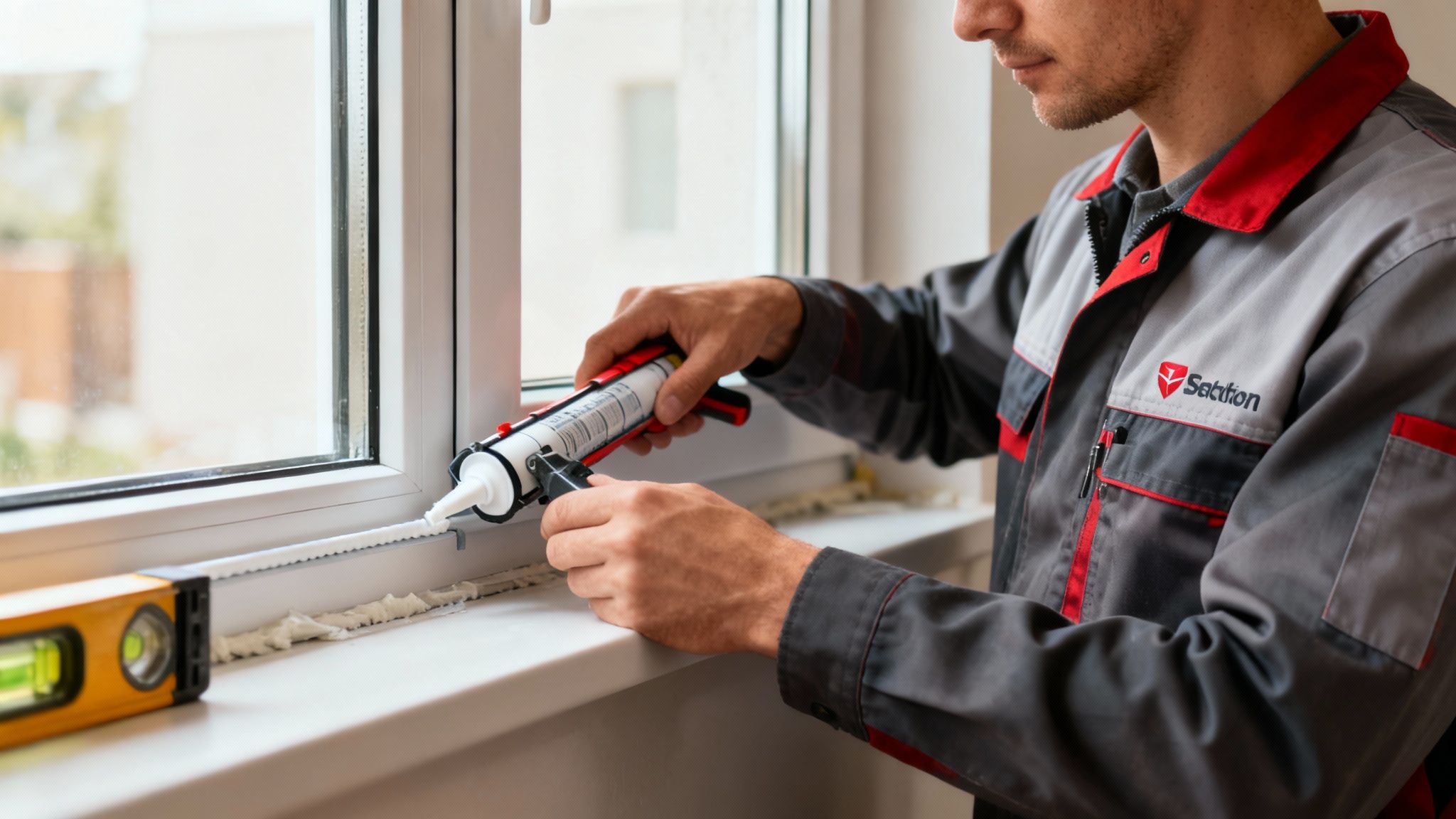 A skilled technician applying a perfect bead of sealant around a newly installed window, ensuring a weatherproof seal.
