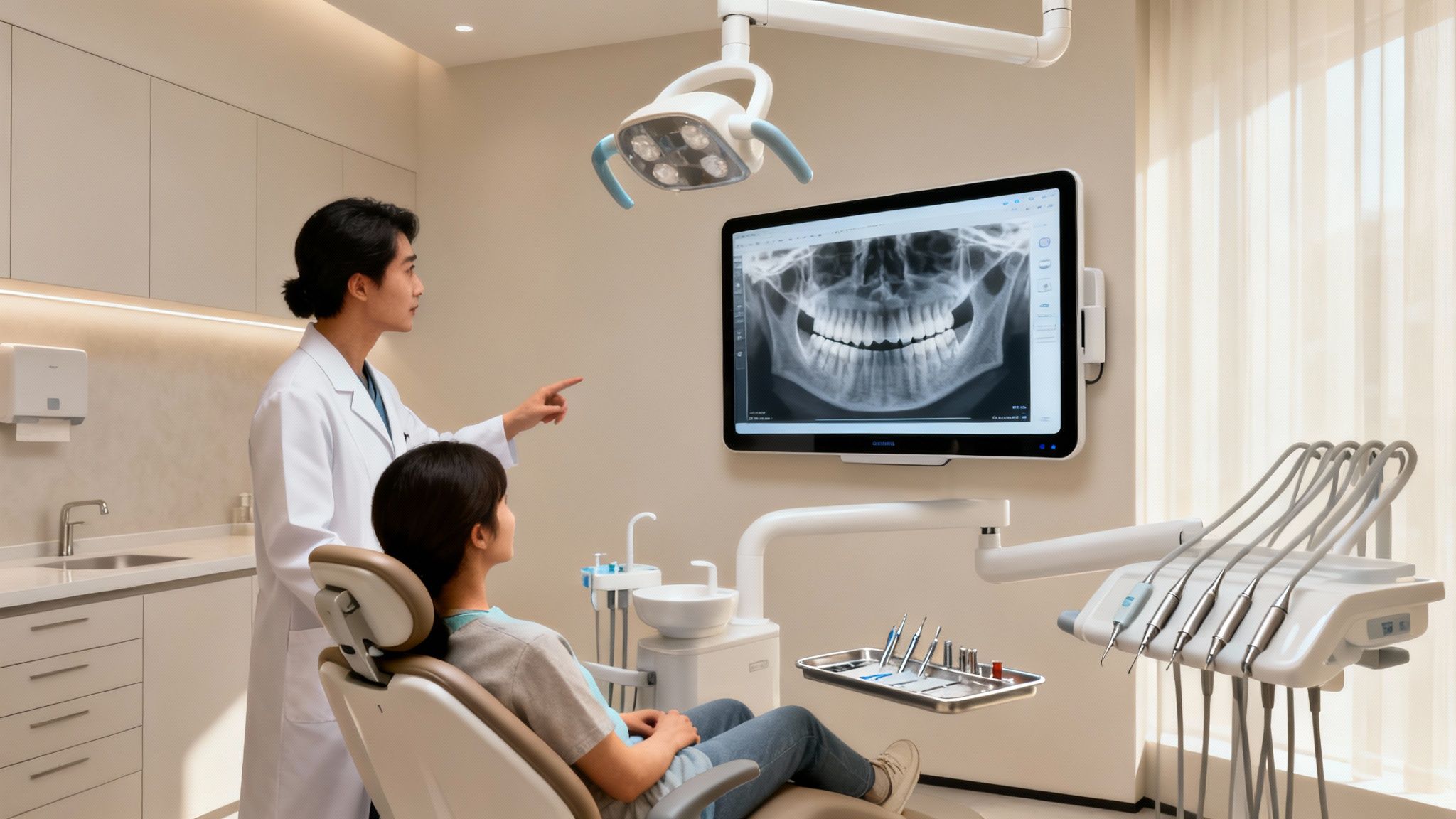 Dentist in a white coat explains a panoramic dental X-ray to a patient in a modern clinic.