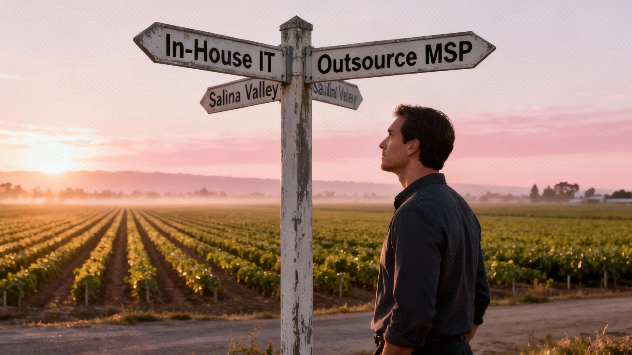 A business owner at a desk considering IT options with charts and graphs in the background.