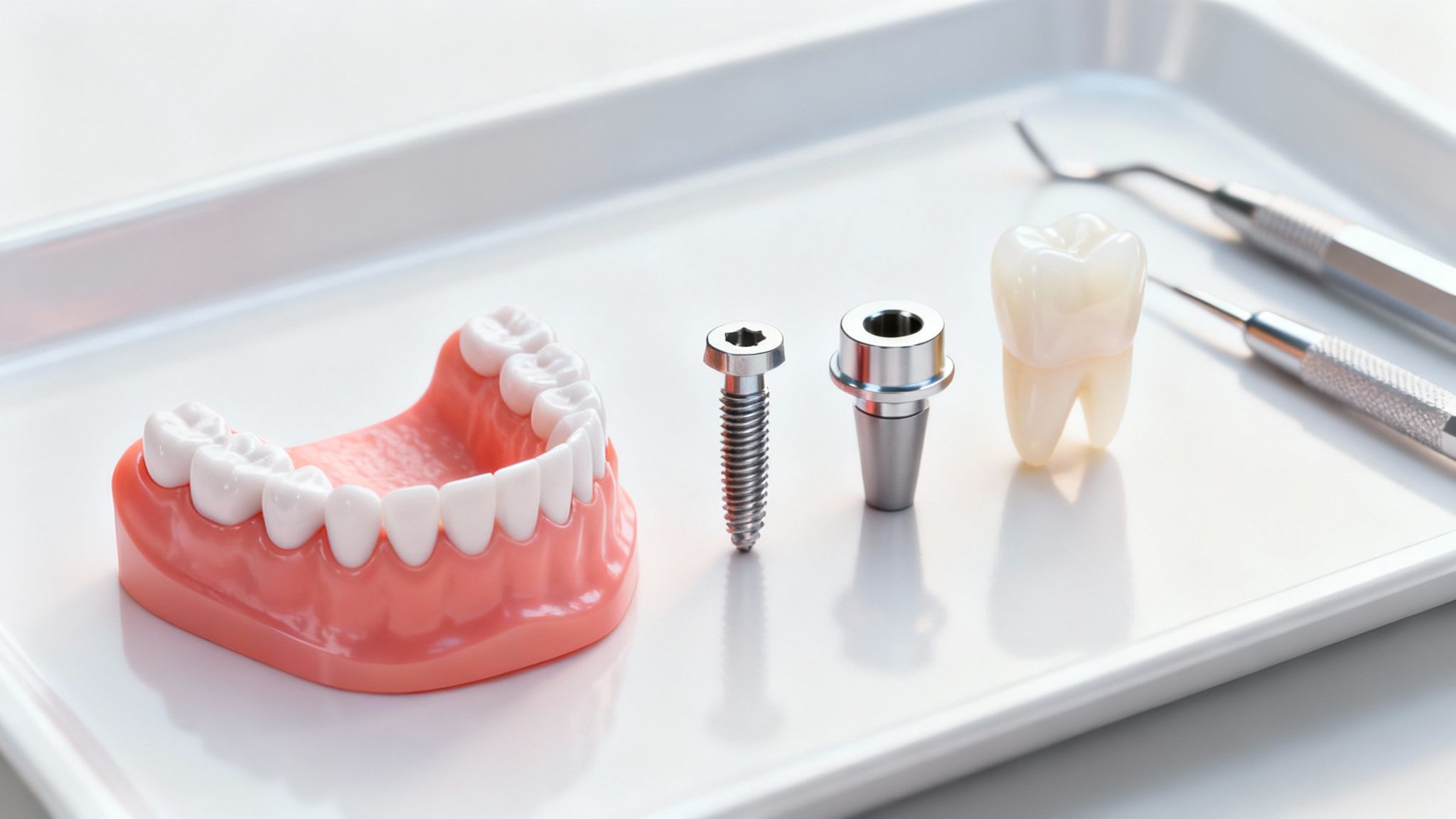 A dental model, implant screw, abutment, tooth crown, and dental tools on a white tray, illustrating dental procedures.
