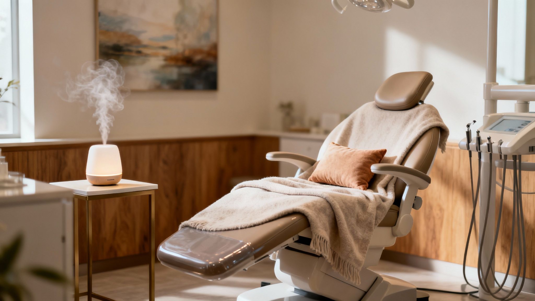 Comfortable dental office with a cozy chair, blanket, pillow, and an essential oil diffuser.