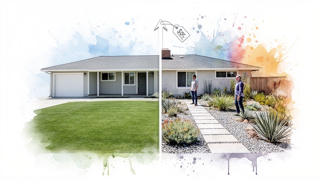 Split image of a house showing a green lawn versus a drought-tolerant landscape, with two men and a 'SOLD' tag.