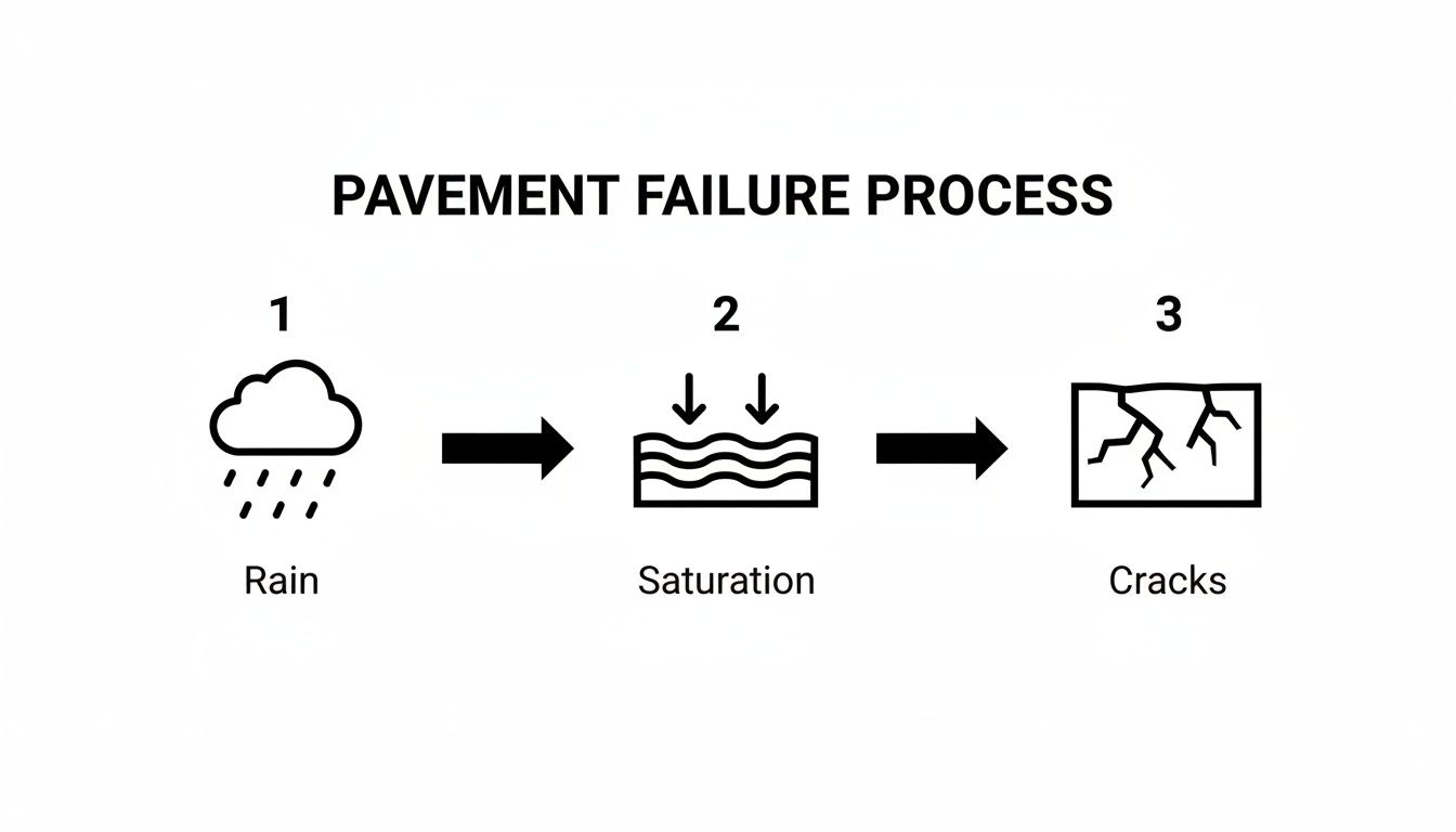Diagram illustrating the three-step pavement failure process from rain to saturation and cracks.