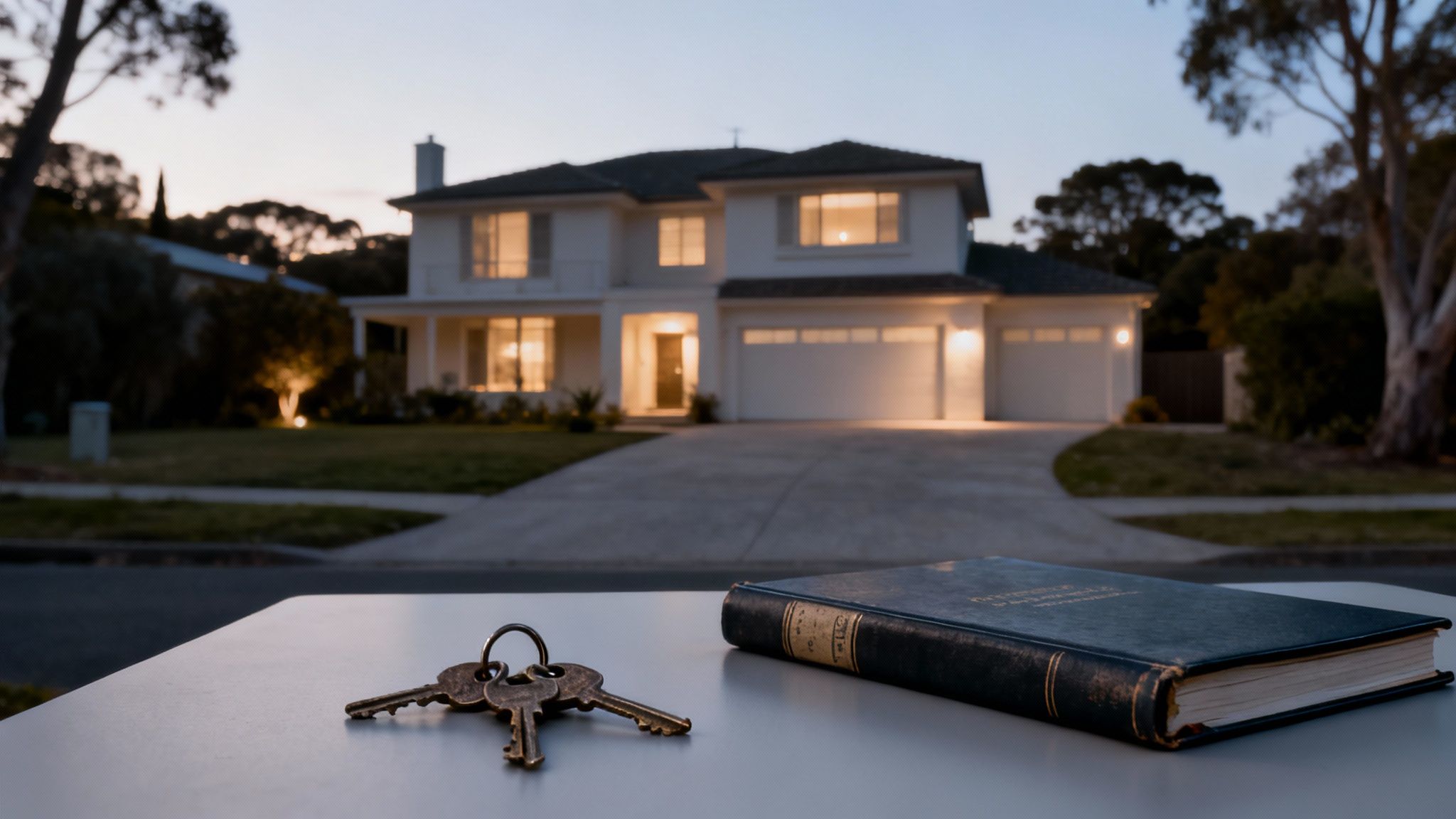 Keys and an old book on a table with a beautiful, illuminated house at dusk.