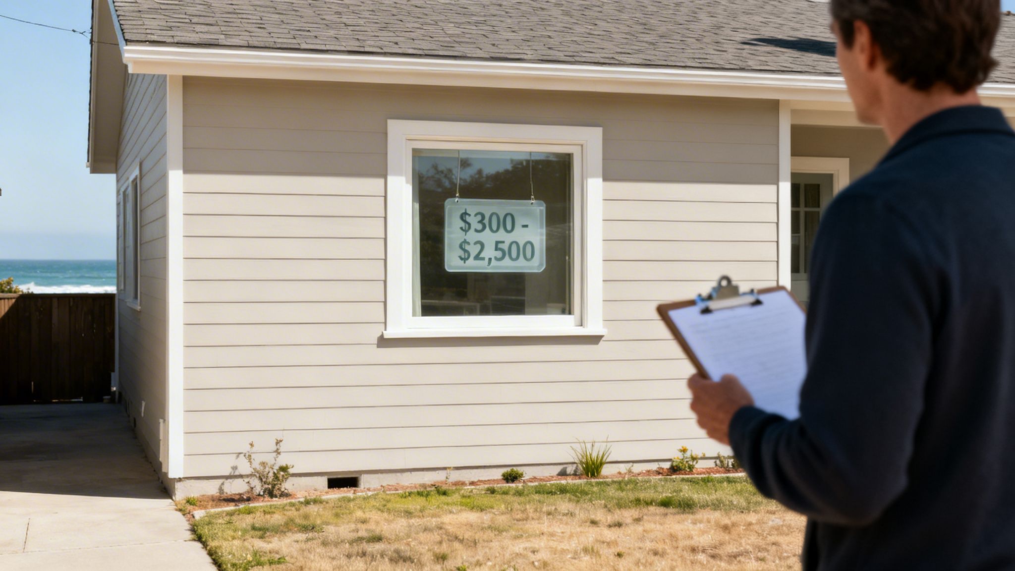 A person with a clipboard inspects a house with a window cost estimate by the ocean.