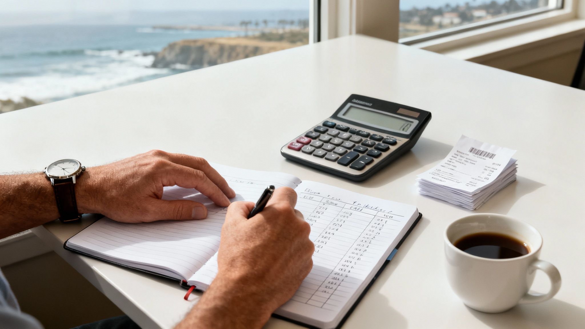 Person's hands writing in a notebook, calculating expenses with a calculator and receipts on a desk by the ocean.
