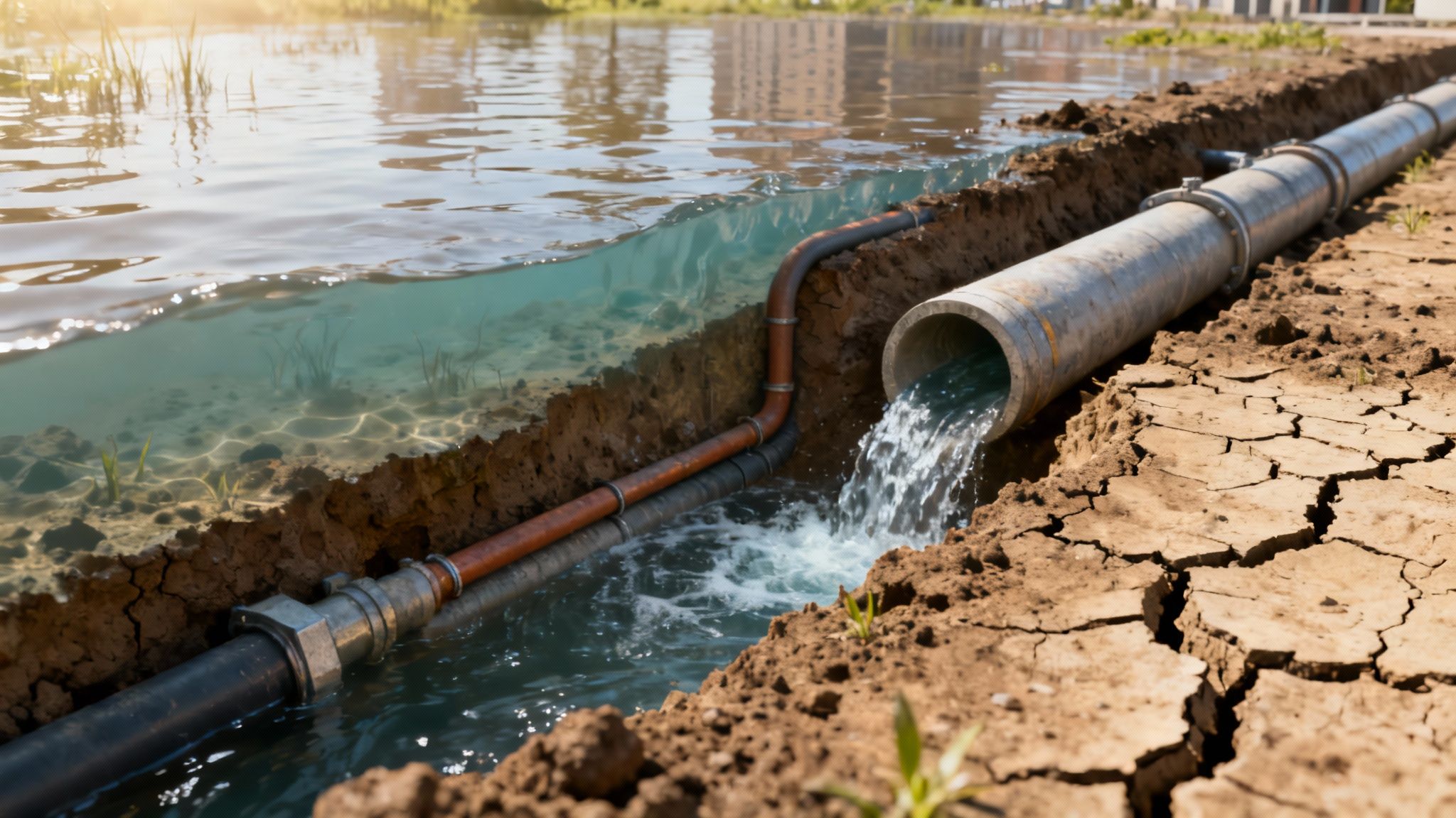 A construction site showing workers installing large pipes in a trench under a clear sky.