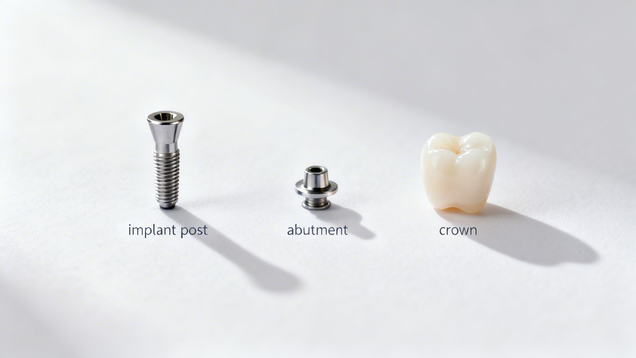 Three components of a dental implant: a metal implant post, an abutment, and a ceramic crown.