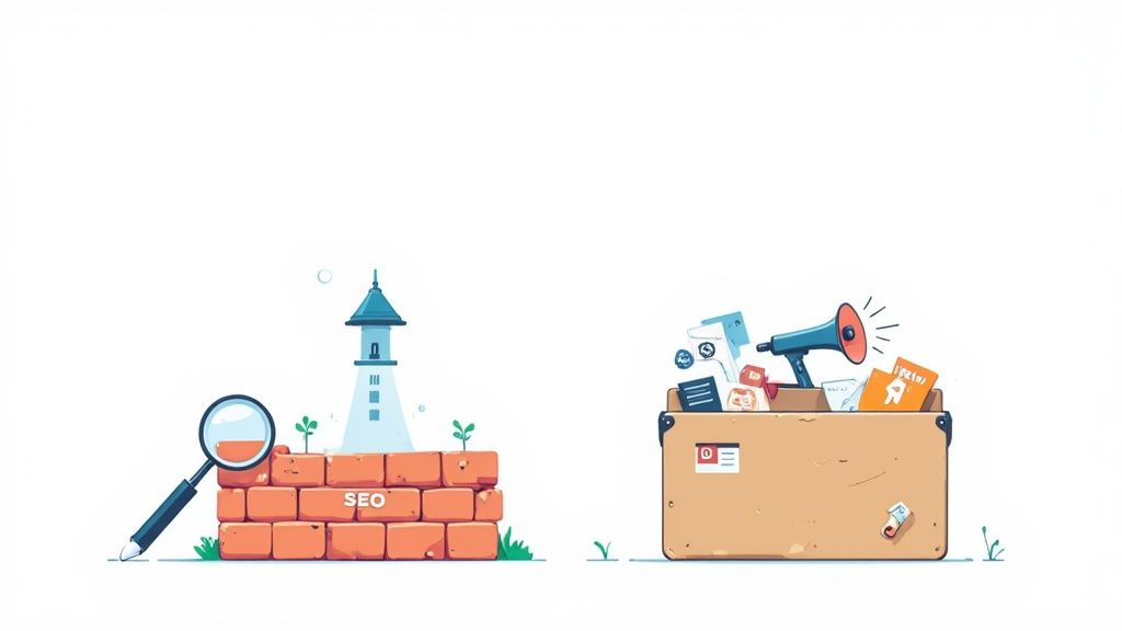 A split-screen image showing a magnifying glass over a website on one side for SEO, and a network of social media and ad icons on the other for internet marketing.