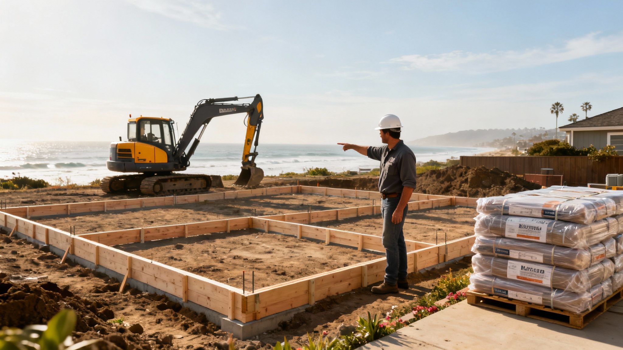 Construction worker points at a new house foundation site with an excavator and ocean in background.
