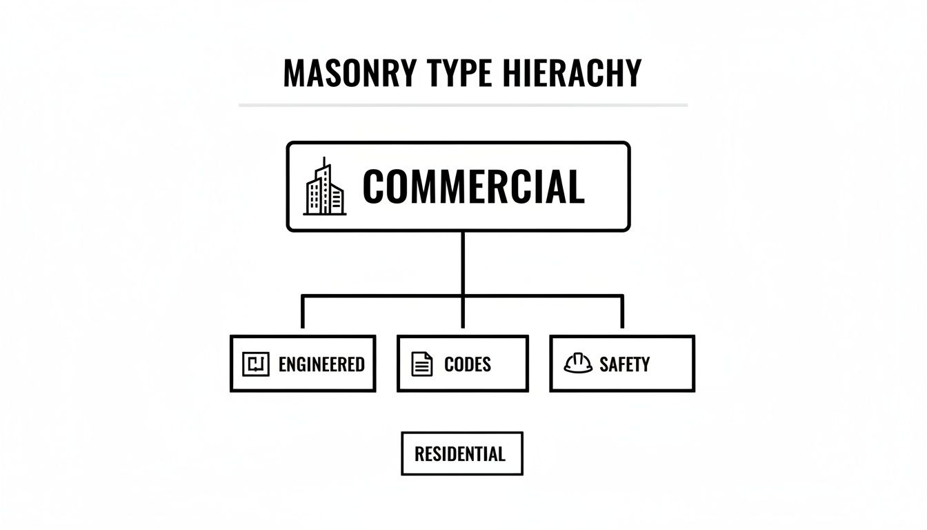 Hierarchy chart of masonry types, showing commercial branches for engineered, codes, and safety, plus residential.