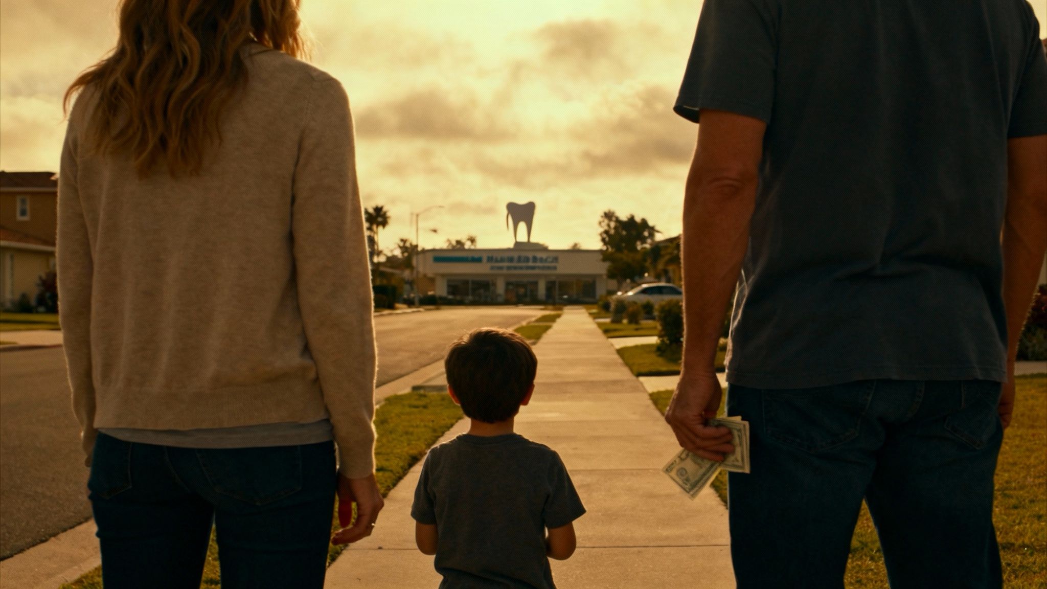 A family walks on a sidewalk towards a dental office with a giant tooth on its roof.