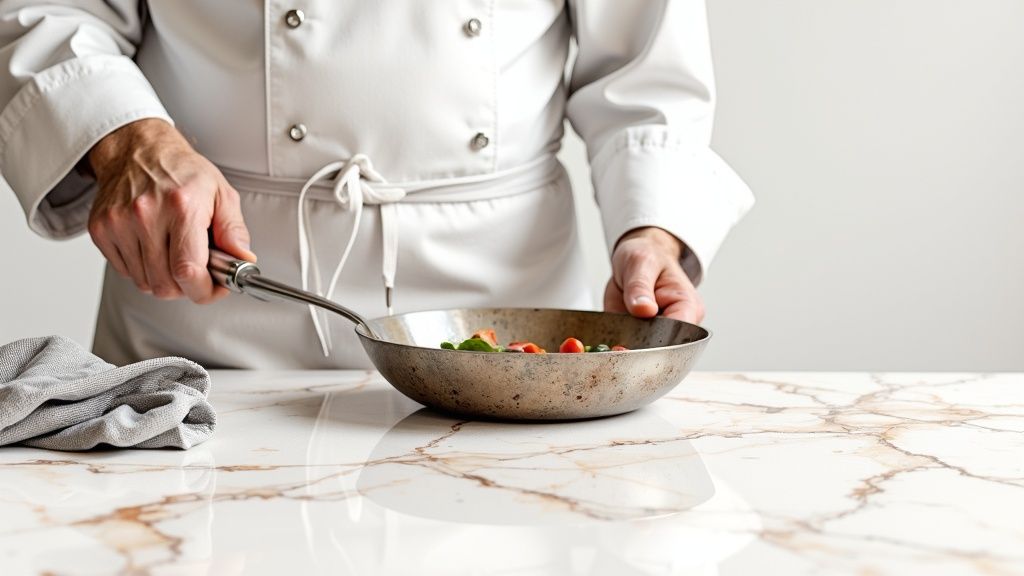 A sleek kitchen featuring a quartzite countertop with dramatic grey veining on a white island, paired with modern bar stools.