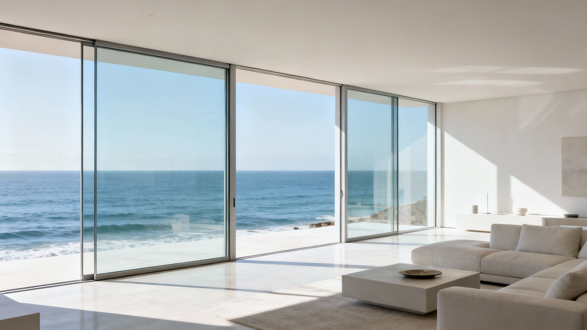 A bright, modern living room with large sliding glass doors overlooking a serene ocean.