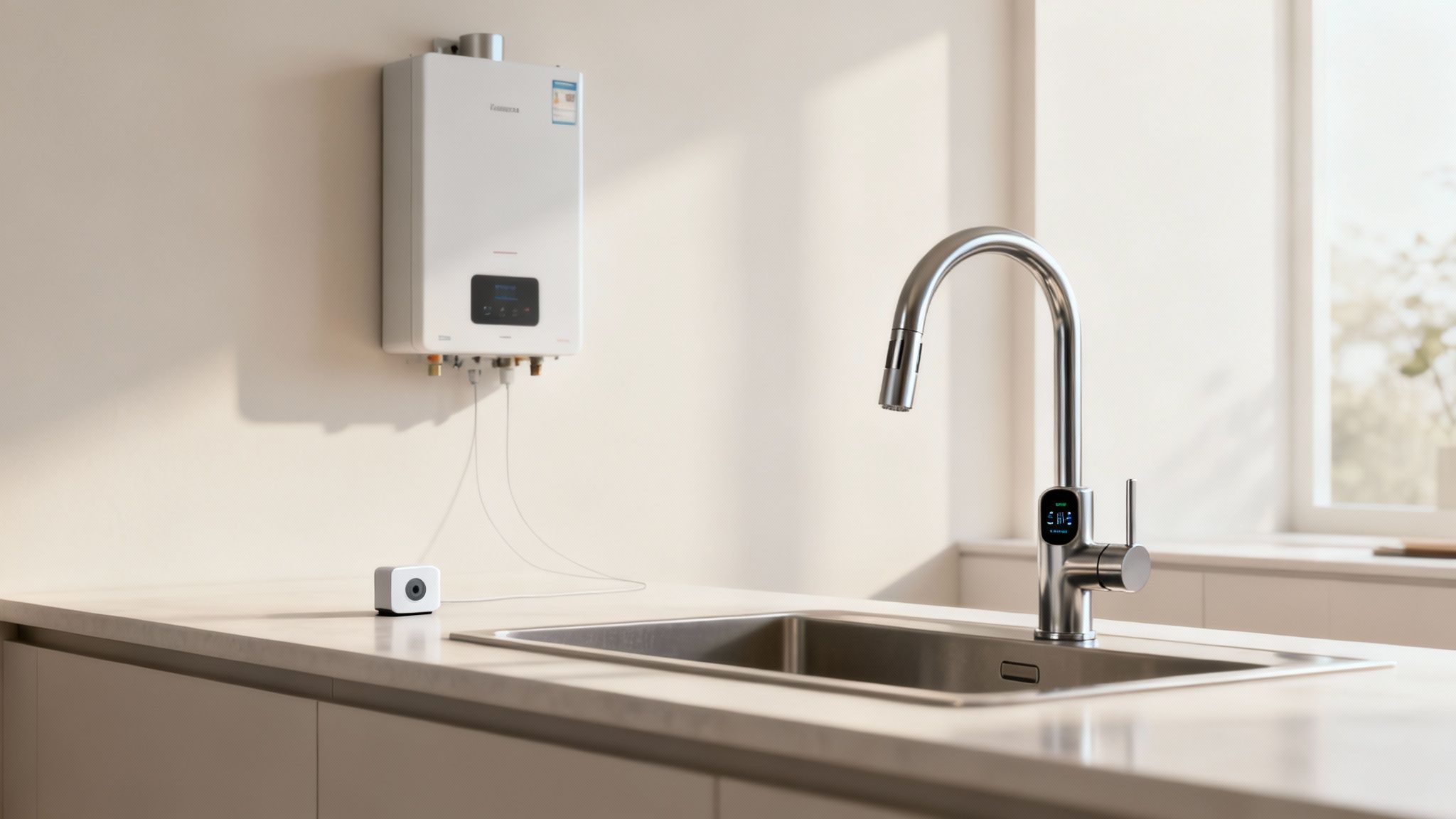 A modern bathroom showcasing smart plumbing devices like an app-controlled faucet and tankless water heater