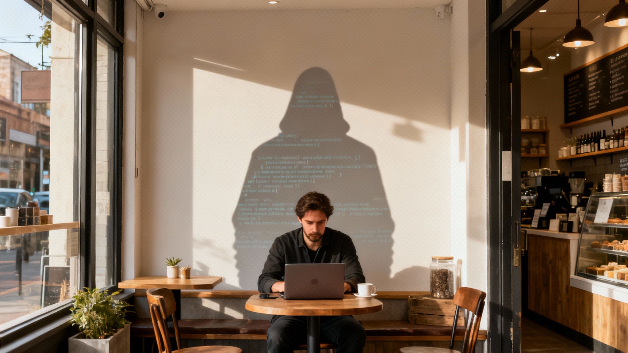 A man works on a laptop in a sunny cafe, with a shadow of a hooded figure and code on the wall.