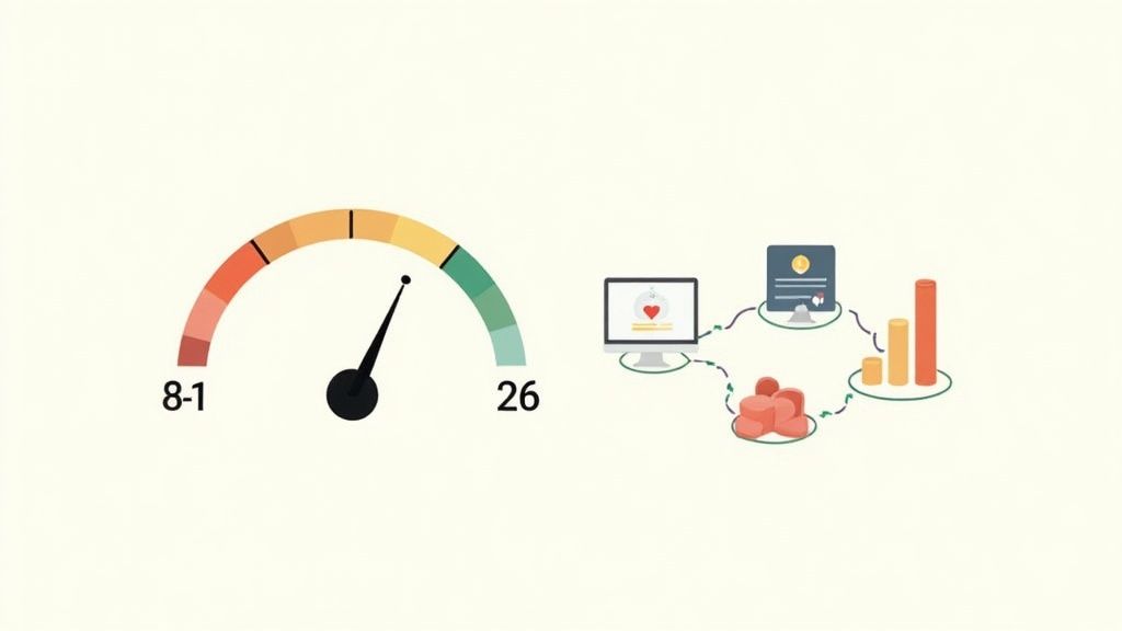 Visualizing performance: A gauge indicating high efficiency and a network diagram showing interconnected data elements.