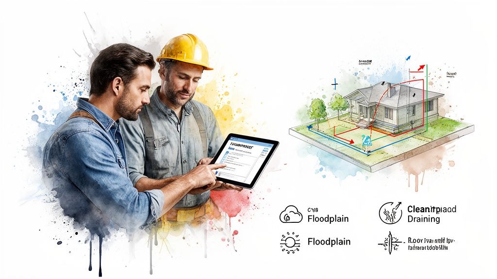 Two construction workers examine a tablet showing site plans next to a house diagram with drainage, illustrating modern planning.