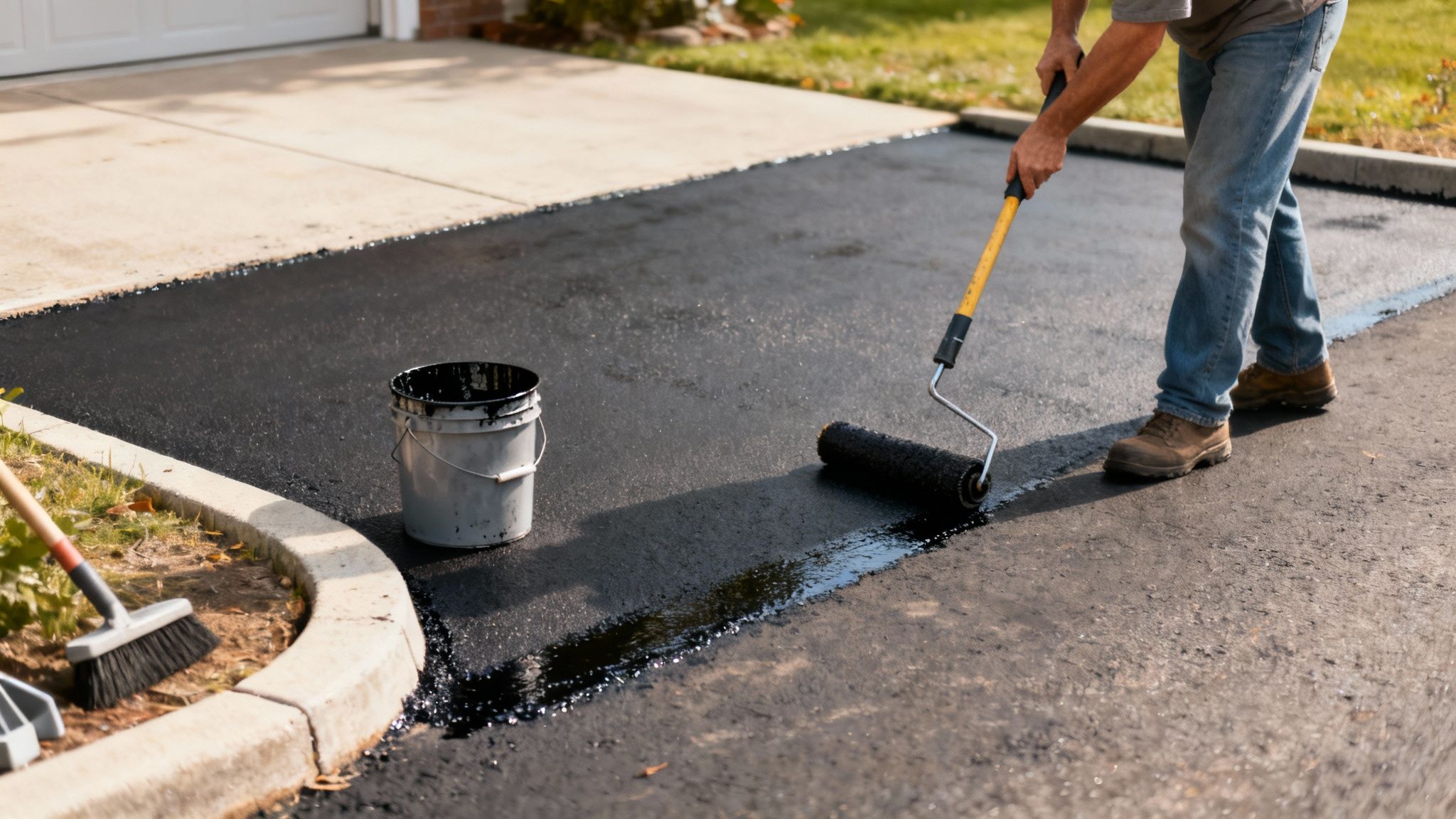 Asphalt Paving & Resurfacing Guide 2 A person in jeans and work boots applying a fresh coat of sealant to an asphalt driveway with a roller.