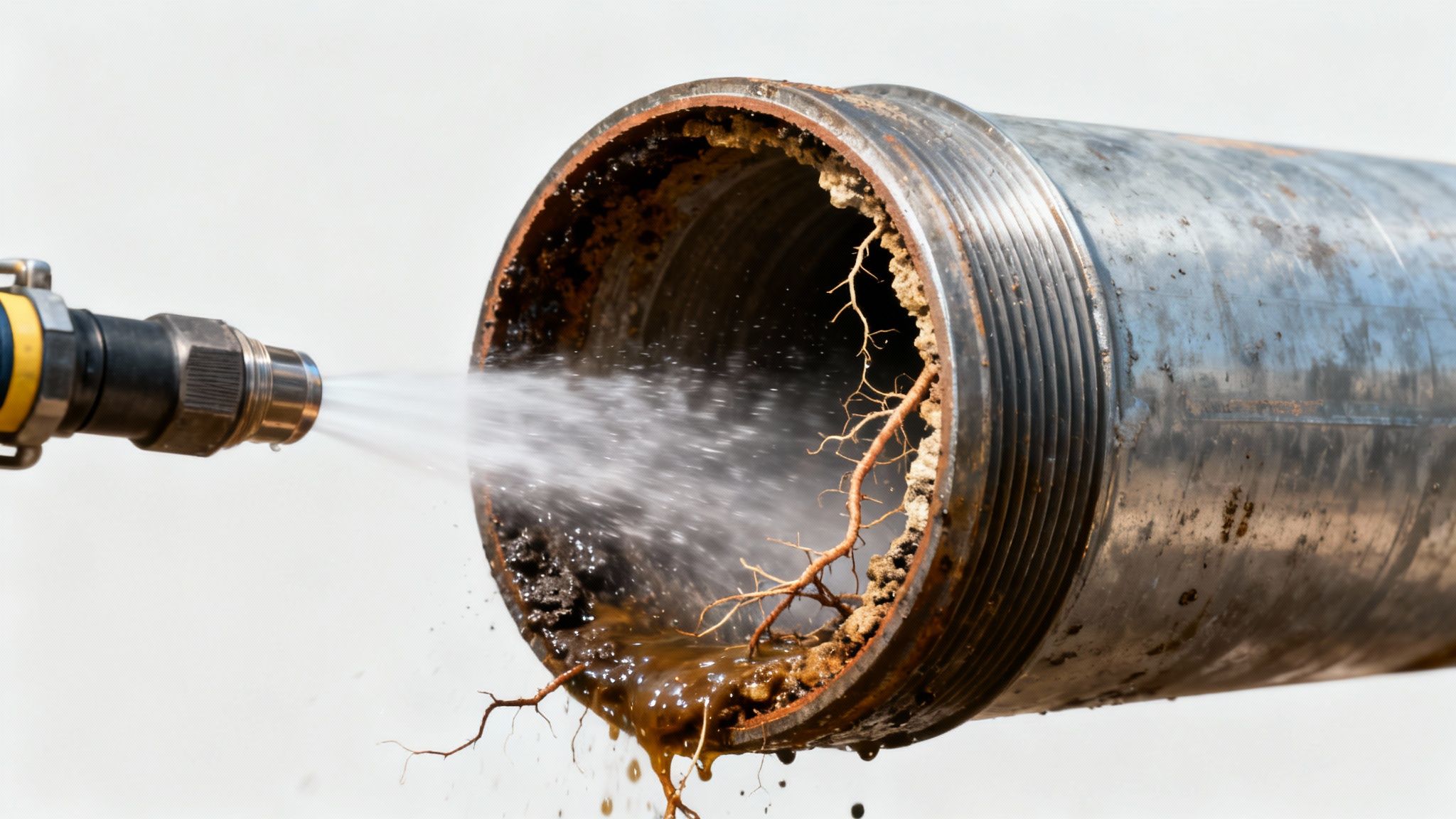 A powerful water jet cleans a corroded pipe, flushing out entangled roots and dark debris.