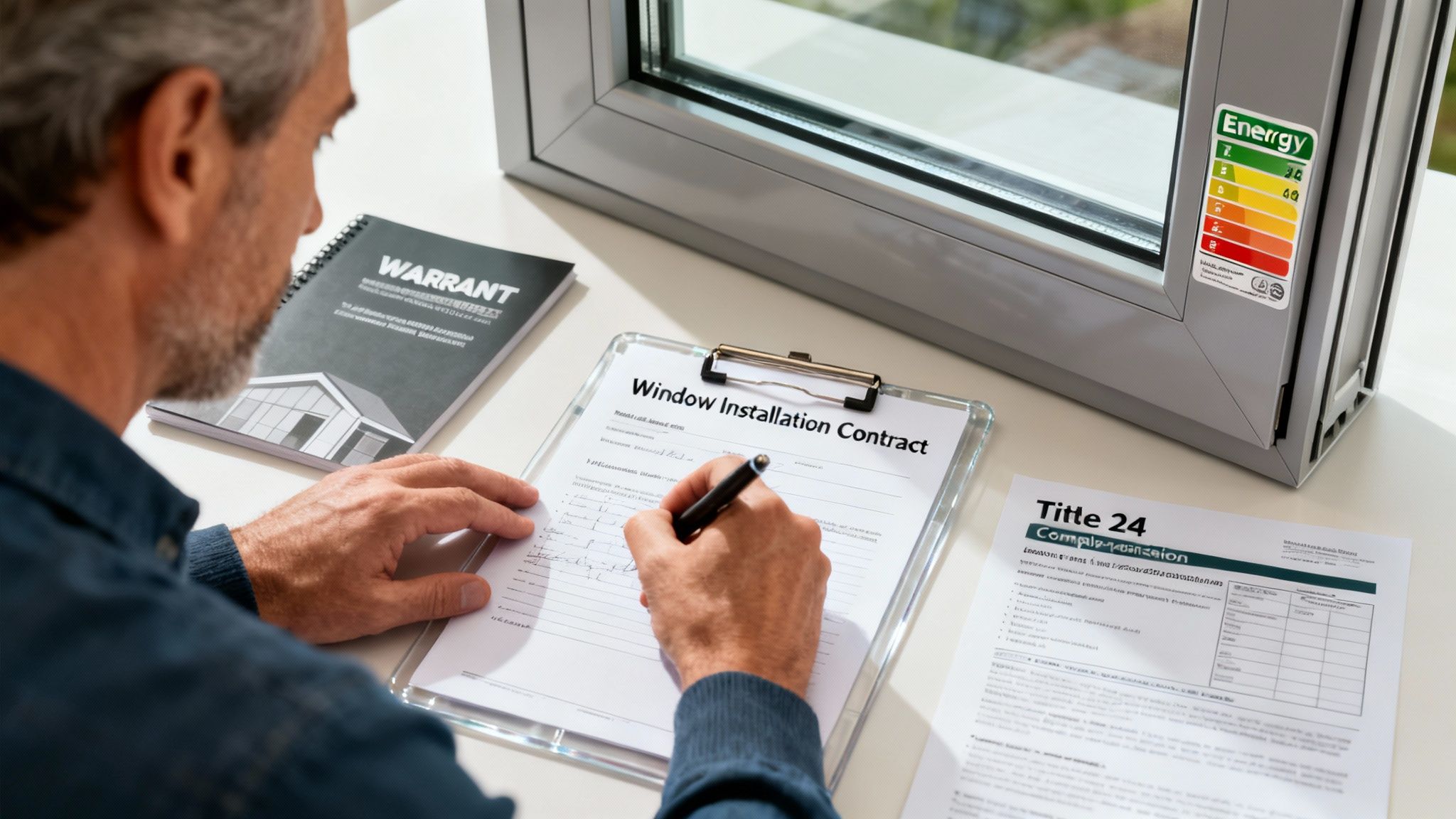 Man signing a window installation contract, with energy-efficient window, warranty, and compliance documents visible.