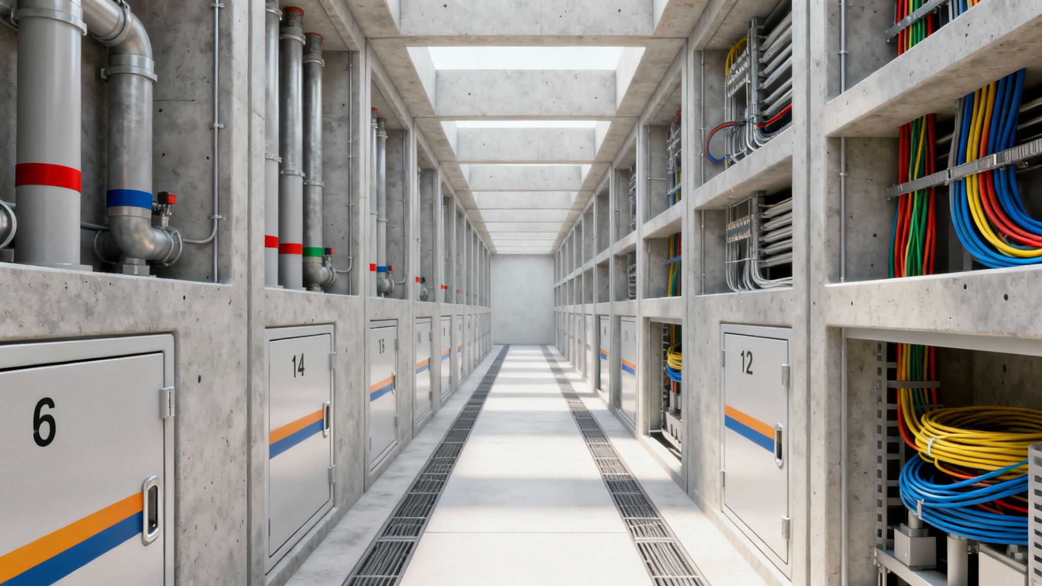 A long, concrete utility tunnel with pipes, colorful cables, and numbered service panels.