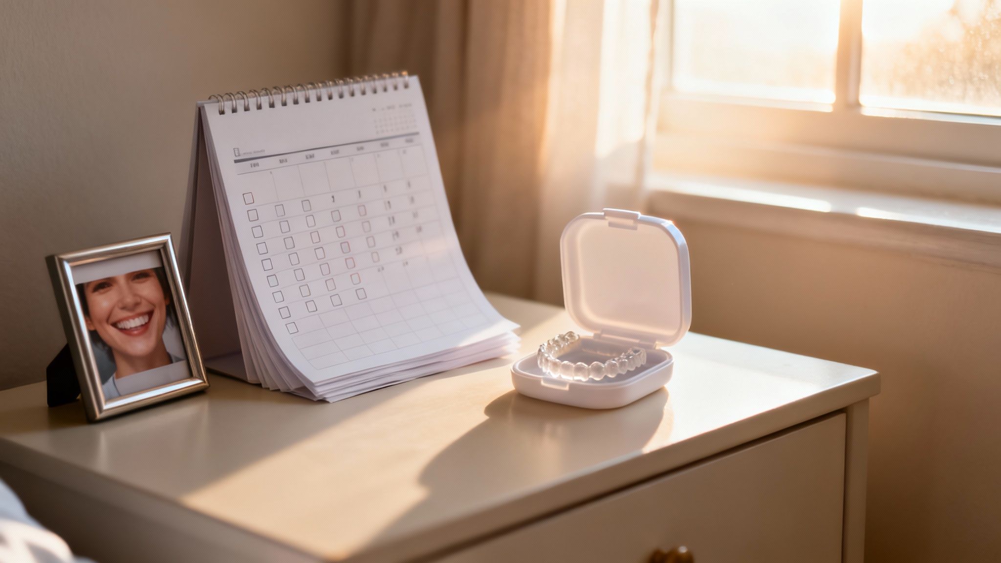 A nightstand with a calendar, a framed photo of a smiling woman, and clear aligners in a case, bathed in sunlight.