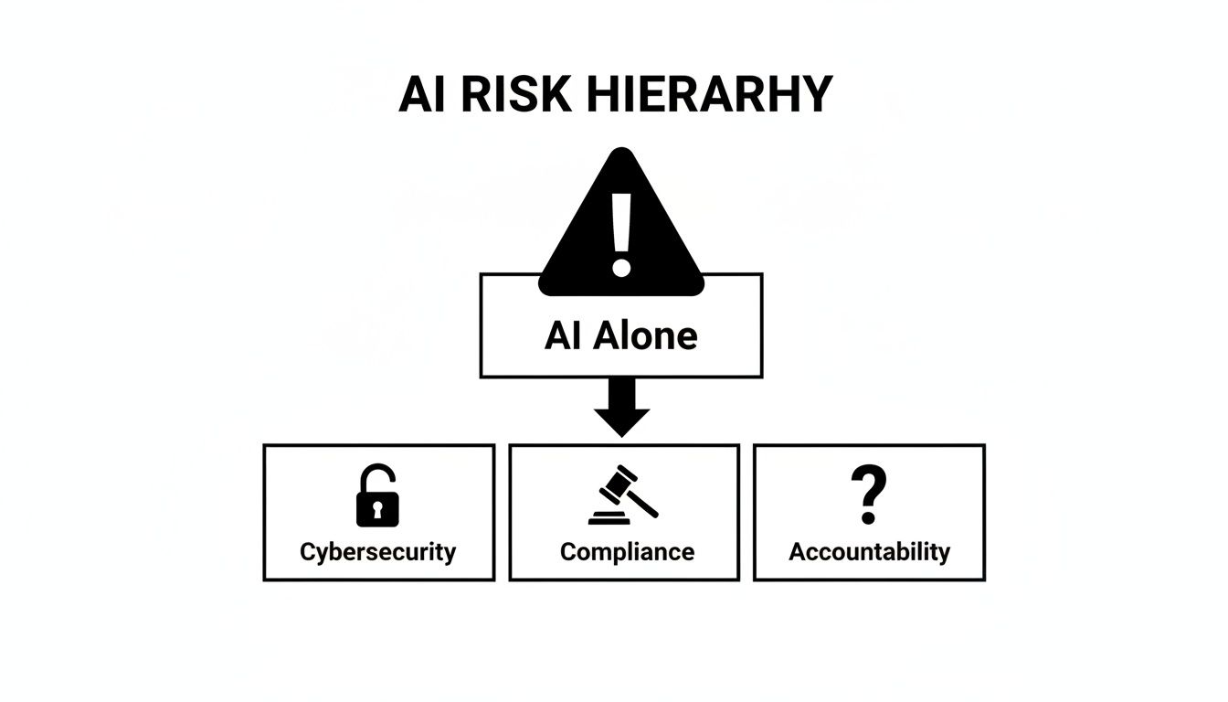 A diagram titled 'AI Risk Hierarchy' showing AI alone leading to cybersecurity, compliance, and accountability risks.